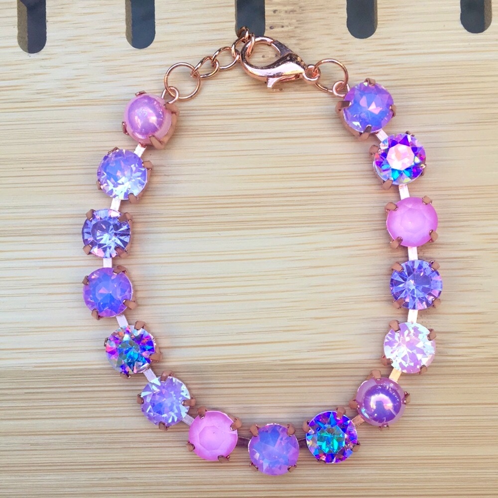 Pink Rose+Purple Amethyst Opal Aurora Borealis Rose Gold Crystal Tennis Bracelet - Picture 5 of 10